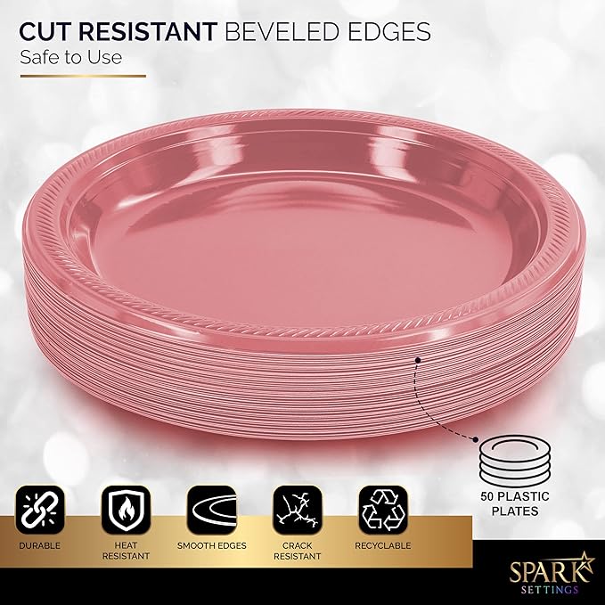Amcrate Disposable Plastic Plates Pink, 10.4 Inches Plastic Dinner Plates, Strong and Sturdy Disposable Plates for Party, Dinner, Holiday, Picnic, or Travel Party Plates, Pack of 50