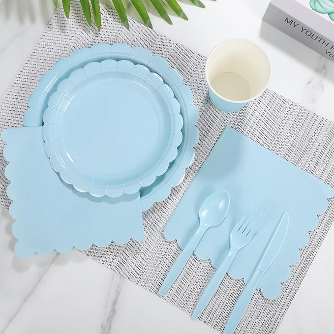 350 Pcs Light Blue Paper Plates and Napkins, Boy Baby Shower Decorations Include Scalloped Plates Napkins Cups for Kindergarten Graduation, Bridal Shower, Summer Wedding, Birthday