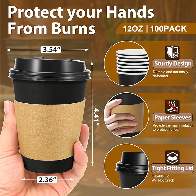 Clawsoff 500 Pack 12 oz Disposable Paper Coffee Cups with Lids and Sleeves, Leak-free Disposable Insulated Paper Cups for To Go Hot or Cold Beverages(Black)