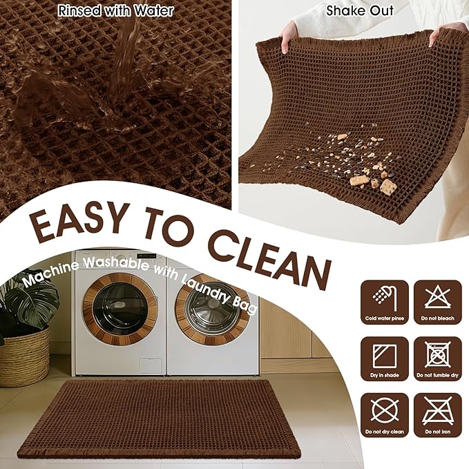 Upgraded Waffle Bath Mat Set 2 Piece Brown, Super Absorbent Non-Slip Quick Dry Bathroom Rugs with Tassels, Machine Washable Ultra Soft Boho Bath Rugs for Floor, Toilet Mats Boho Farmhouse Decor