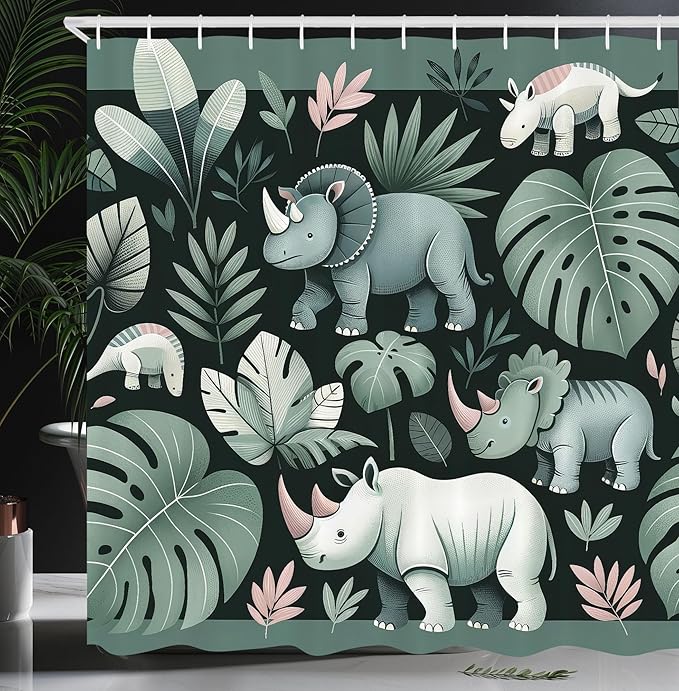 Ambesonne Woodland Shower Curtain, Funny Cartoon Design Exotic Jungle Monstera Leaves Horned Animals Print, Cloth Fabric Bathroom Decor Set with Hooks, 69" W x 84" L, Laurel Green Blush