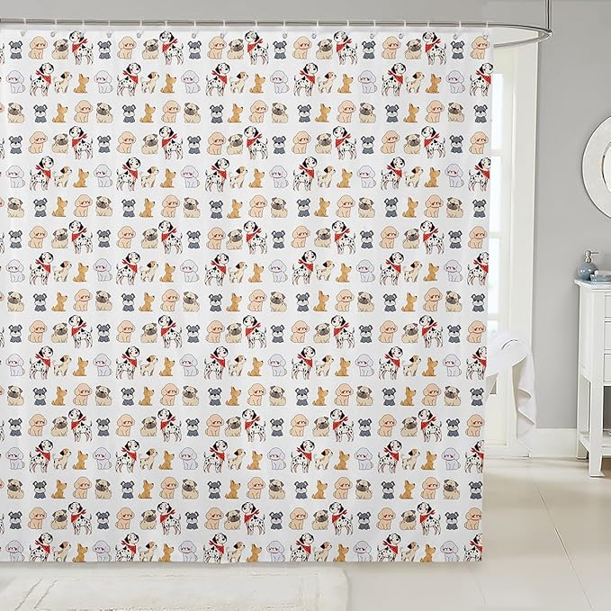 Pup Dog Shower Curtain Set Cartoon Puppy Shower Curtain for Kids Toddler,Cute Sharpei Doggy Bath Curtain Corgi Bulldog Lovely Pet Animal Hanging Curtain Kawaii Room Decor 72"Wx84"L for Dog Lover