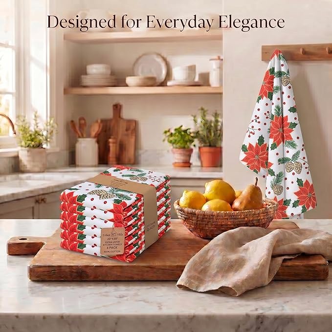Urban Villa Christmas Kitchen Towels Pine Cone Print Multi Color, Premium Quality,100% Cotton Dish Towels Mitered Corners (Size: 20X30 Inch), Highly Absorbent Bar Towels & Tea Towels - (Set of 6)