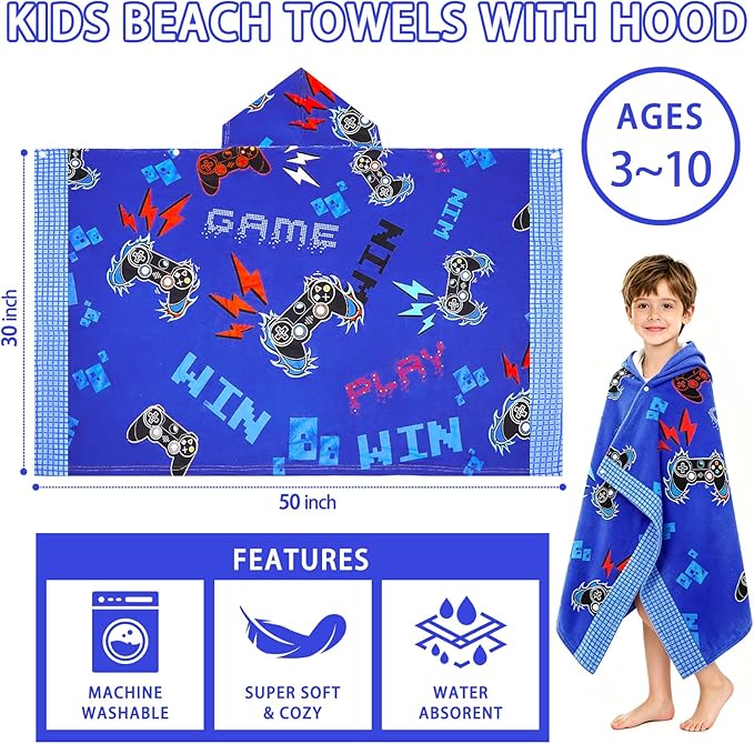 Hooded Towels for Kids - Superfine Fiber Video Gaming Gamepad Toddler Hood Bath Towels Beach Hooded Poncho Absorbent Pool Toddler Swim Bath Wrap for Boys & Girls 3-10 Years, 50 * 30 inches
