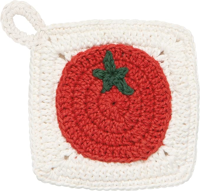 Now Designs Heirloom Tomatoes Crochet Sponges Set of 2, Hand-Crocheted Cotton Scouring Sponges, 4x4in, Red/Orange/Yellow/Green