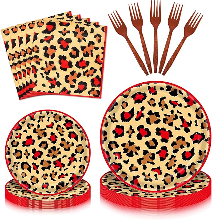 100 Pieces Leopard Print Party Tableware Set – Red Cheetah Animal Print Plates, Napkins and Forks, Disposable Dinnerware for Girls Birthday, Safari and Wild One Party Supplies