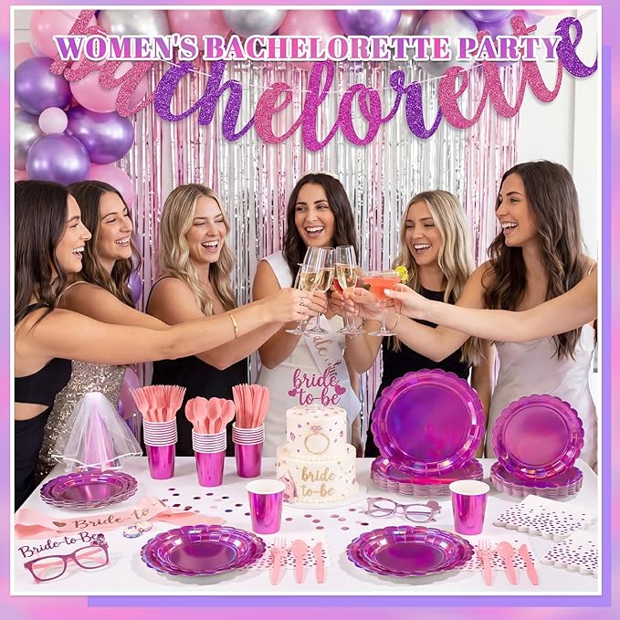 175 Pcs Iridescent Pink Party Supplies Include 25 guest Scalloped Holographic Pink Paper Plates and Napkins Set for Mermaid, Disco and Birthday Party Decor