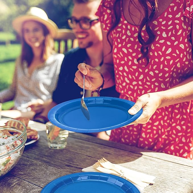 QZYL 50 PCS Disposable Plates, 9 Inches Dark Blue Heavy Duty Round Set for Daily Use, Picnic, Anniversary, Birthday, Passover Party Supplies