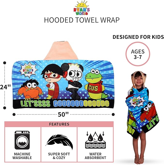Franco Kids Bath and Beach Soft Cotton Terry Hooded Towel Wrap, 24" x 50", Ryan’s World