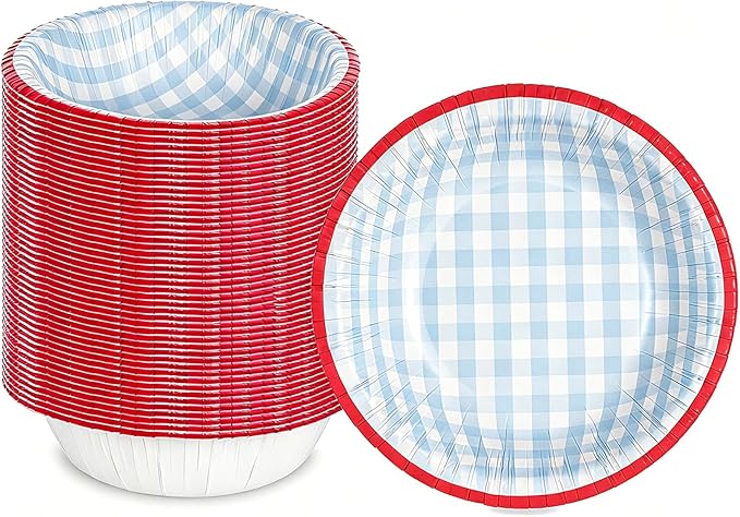 50 Pack 8oz Disposable Paper Bowls, 6 Inch Blue Gingham Pattern with Red Rim, Heavy Duty Disposable Bowls for Picnic BBQ Party Salad Ice Cream Soup (Blue Check Pattern, 50 Pack 8 Oz)