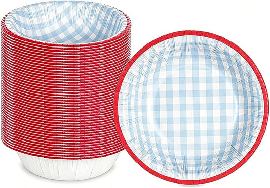 50 Pack 8oz Disposable Paper Bowls, 6 Inch Blue Gingham Pattern with Red Rim, Heavy Duty Disposable Bowls for Picnic BBQ Party Salad Ice Cream Soup (Blue Check Pattern, 50 Pack 8 Oz)