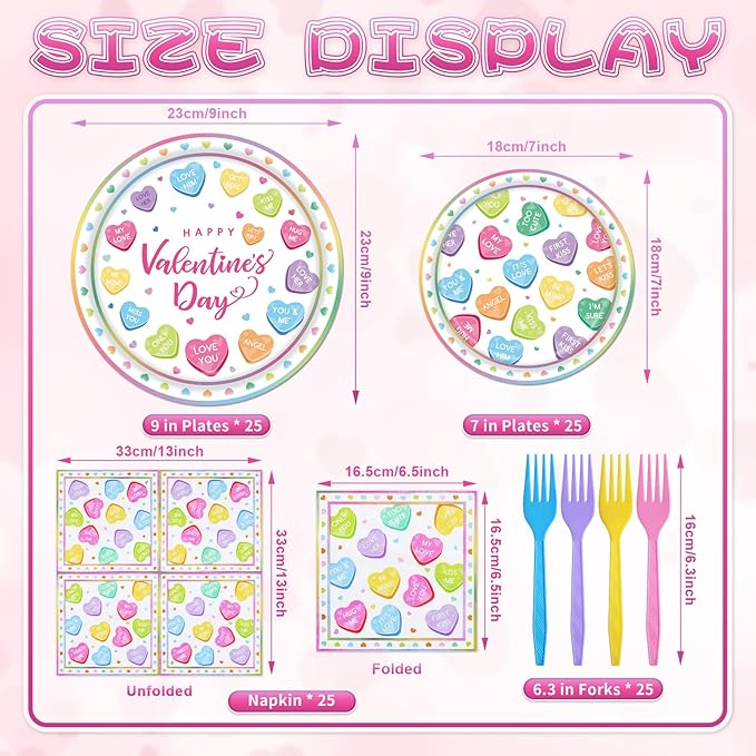 100 Pieces Valentine’s Day Party Tableware Set – Candy Heart Plates, Napkins and Forks, Love Heart Disposable Dinnerware for Valentine Classroom Party and Birthday Supplies