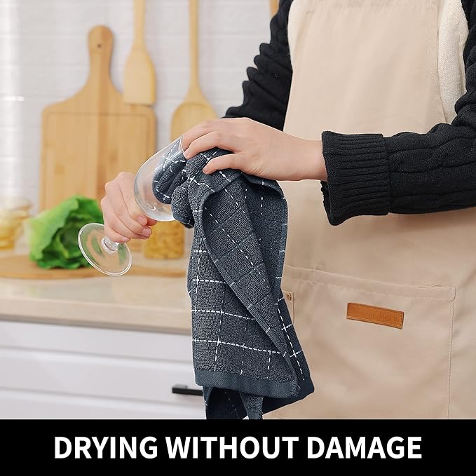 Homaxy 100% Cotton Terry Kitchen Towels(Dark Grey, 20 x 28 inches), Checkered Designed, Soft and Super Absorbent Dish Towels, Large 8 Pack