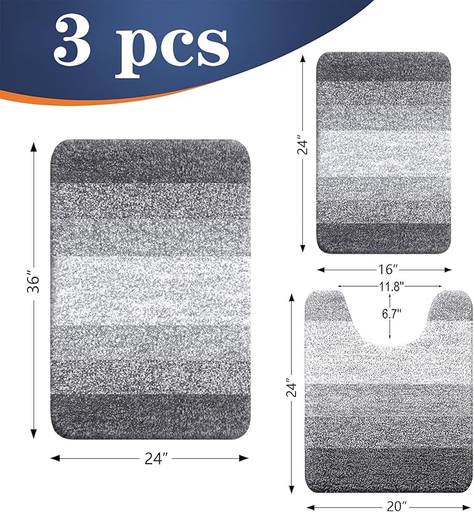 OLANLY Bathroom Rugs Sets 3 Piece, Soft Absorbent Microfiber Bath Mats and U-Shaped Contour Toilet Rug, Plush Shaggy Bath Mat Set for Bathroom (36"x24"+24"x16"+24"x20", Grey)