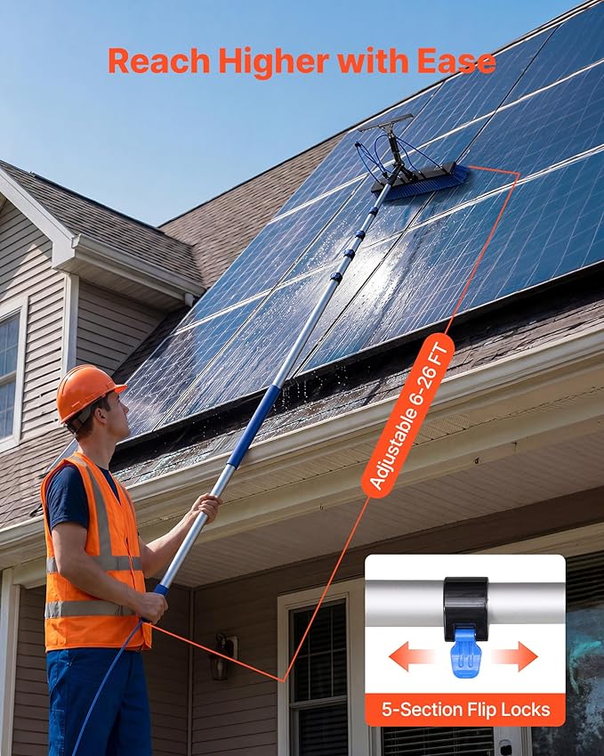 VEVOR Solar Panel Cleaning Kit, 26 ft, Water Fed Pole Kit with Cleaning Brush, Squeegee, Soap Dispenser, Extendable Aluminum Telescopic Pole, 180° Rotatable Brush Head, for Roof Mounted Solar Panels