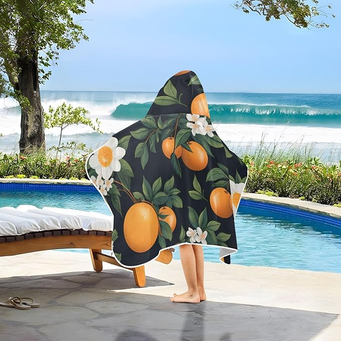 Hooded Towel for Kids Orange Fruit and Flowers Pattern Beach Wrap Bath Towels 50x23.5in