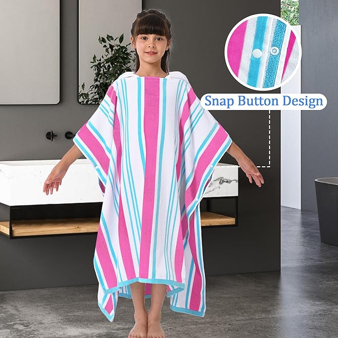 VOOVA & MOVAS Hooded Bath Towels for Big Kids (8-16Years), 100% Cotton Absorbent Thick Poncho Towel for Teens, Perfect for Pool, Beach, Bath, Pink Blue White Stripe