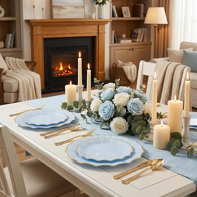U-QE 150PCS Blue and Gold Plastic Plates with Gold Disposable Silverware for 30 Guests, Vintage Blue Plastic Plates Include 30 Dinner Plate,30 Dessert Plate,90 Cutlery for Bridal Shower, Party
