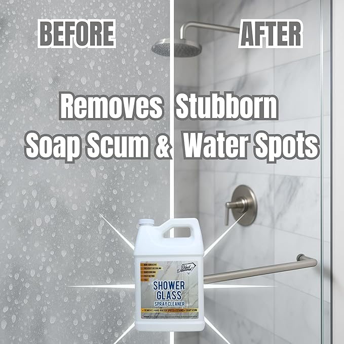 Shower Glass Spray Cleaner – Removes Hard Water Stains, Soap Scum & Water Spots – Glass Shower Door Cleaner for Tile & Bathroom Surfaces – Non-Abrasive, Fast Acting, Prevents Resoiling (128 oz)