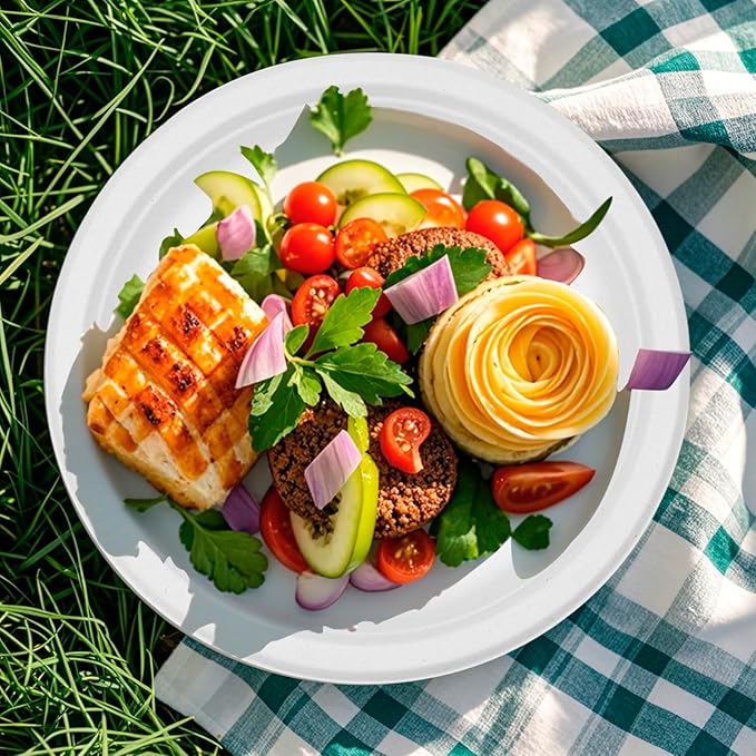 RACETOP 10 Inch [125 Pack] Paper Plates, Compostable Disposable White Bagasse Plate, Heavy-Duty Biodegradable Plates, Eco-Friendly, Made of Natural Sugarcane Fibers