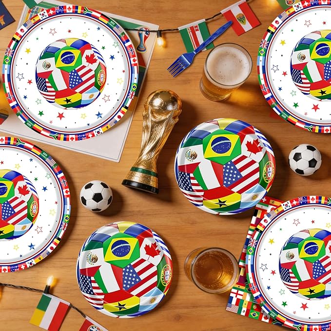 96 Pieces International World Flags Plates and Napkins Tableware Set, Soccer World Flags Disposable Paper Plates Napkins Forks for Soccer Party Supplies Sports Theme Events Birthday Decor - Serves 24