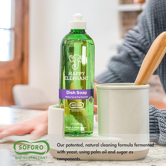 Happy Elephant Dish Soap, White Tea & Fig Scent, Natural Biodegradable Liquid Dish Soap, Plant Based, Grease Fighting, Tough on Food, Gentle on Hands, No Synthetic Fragrance, 12 Fl Oz, 3 Pack