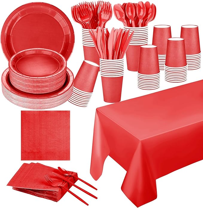 229PCS Red Party Supplies Set Paper Disposable Plates Cups Plastic Spoons Forks Knives Red Napkins for 30 Guests Disposable Party Dinnerware Sets for Wedding Birthday Parties