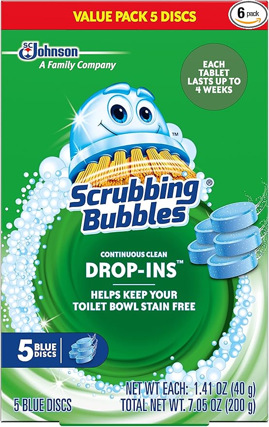 Scrubbing Bubbles Continuous Clean Toilet Drop-Ins, Automatic Blue Toilet Bowl Cleaner, Septic-Safe Tank Tablets Remove Hard Water Minerals & Limescale, Stain & Smell Protection, 5 Count (Pack of 6)