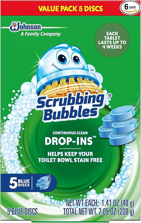 Scrubbing Bubbles Continuous Clean Toilet Drop-Ins, Automatic Blue Toilet Bowl Cleaner, Septic-Safe Tank Tablets Remove Hard Water Minerals & Limescale, Stain & Smell Protection, 5 Count (Pack of 6)