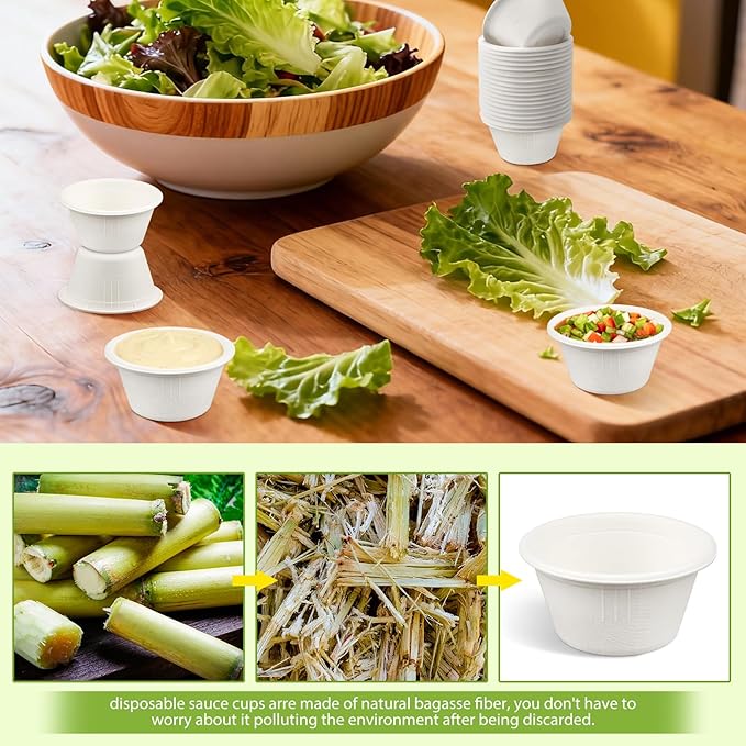 LeonBach 100 Pack Natural Bagasse Fiber Bowls 2oz Disposable Paper Cups Microwavable Safe Sample Snack Charcuterie Serving Cups Disposable Ramekins for Sauce Portion Condiment Ice Cream, White