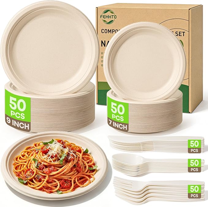 Compostable Paper Plates Set, 250PCS Disposable Heavy-Duty Sugarcane Plate and Eco-Friendly Utensil Biodegradable Dinnerware Plates, Extra Long Forks & Knives & Spoons for Party