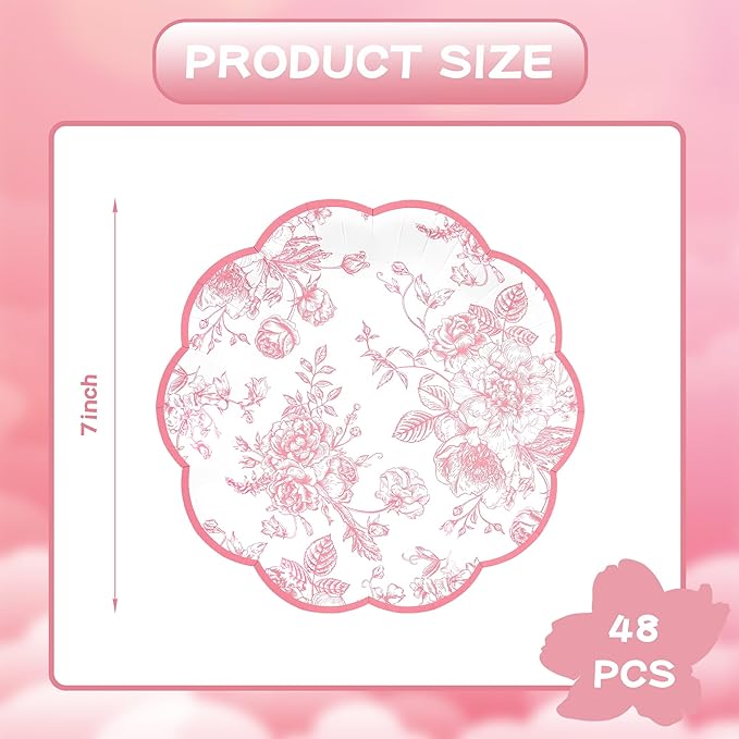 48 Pcs Pink Floral Party Plates Vintage Floral Leaf Disposable Paper Plates Wildflower Pink Toile 7" Samll Scalloped Rim Dessert Plates for Spring Summer Birthday Bridal Tea Party Supplies