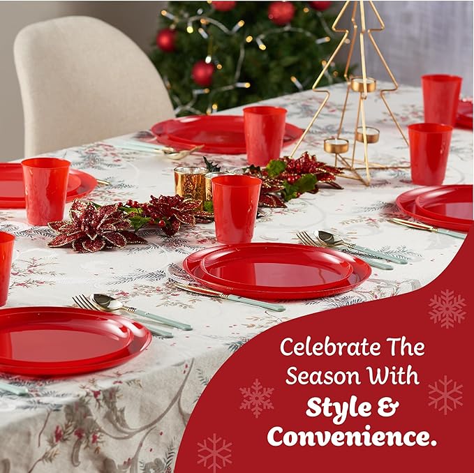 PLASTICPRO 30 Pack 6.3'' Christmass Plates Red Plastic Party Plates Edge Collection Premium heavyweight Elegant Disposable Tableware Dishes