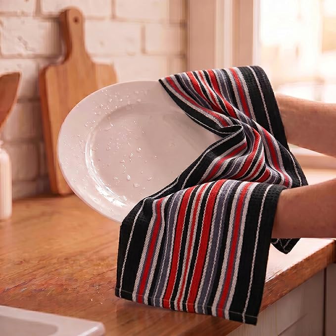 Urban Villa Kitchen Towels Waffle Stripes Dish Towels for Kitchen Black Color Set of 6 Kitchen Towels Highly Absorbent Cotton Over Sized 20X30 in with Mitered Corners Kitchen Hand Tea Towels