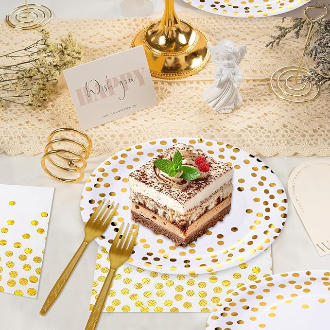 White and Gold Paper Plates and Napkins Party Supplies,Serves 25 Guests White Gold Plates and Napkins,Disposable Paper Tableware Set for Birthday Wedding Bridal Shower Baby Shower Decorations