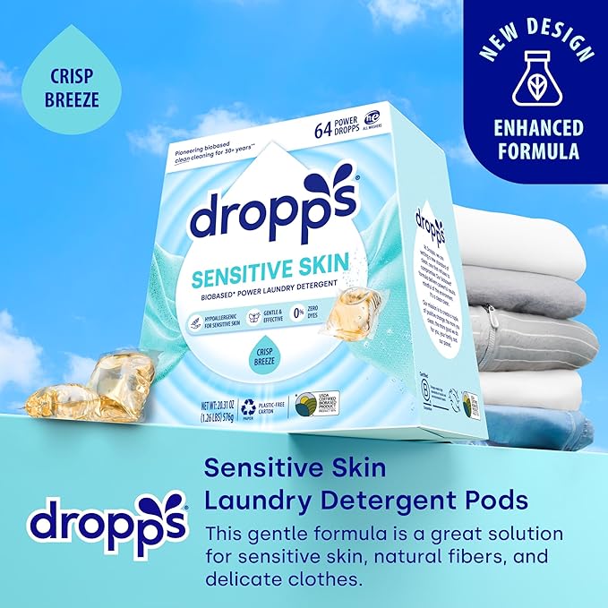 Dropps Sensitive Skin Laundry Detergent Pods, Crisp Breeze (64 Count) - Hypoallergenic & Dermatologist Tested | Dye Free | Laundry Pods for Sensitive Skin | Clean Ingredients | Plastic Free Packaging