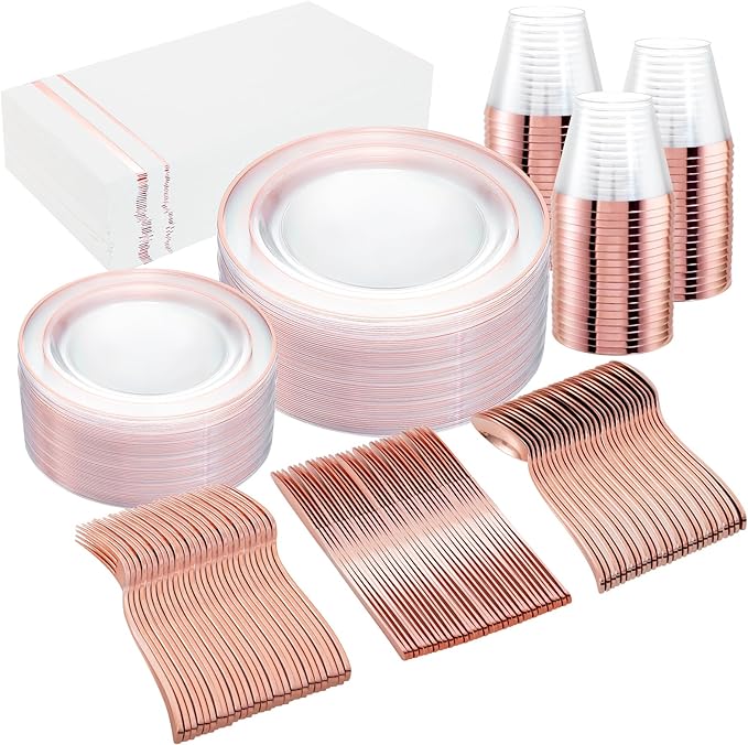 GATHER 350PCS Rose Gold Plastic Plates - Disposable Rose Gold Dinnerware Includes 100 Clear Rose Golds Rimmed Plastic Plates, 150 Silverware, 50 Napkins, 50 Cups for Party, Wedding
