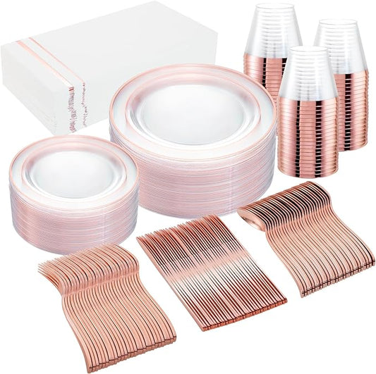 GATHER 350PCS Rose Gold Plastic Plates - Disposable Rose Gold Dinnerware Includes 100 Clear Rose Golds Rimmed Plastic Plates, 150 Silverware, 50 Napkins, 50 Cups for Party, Wedding