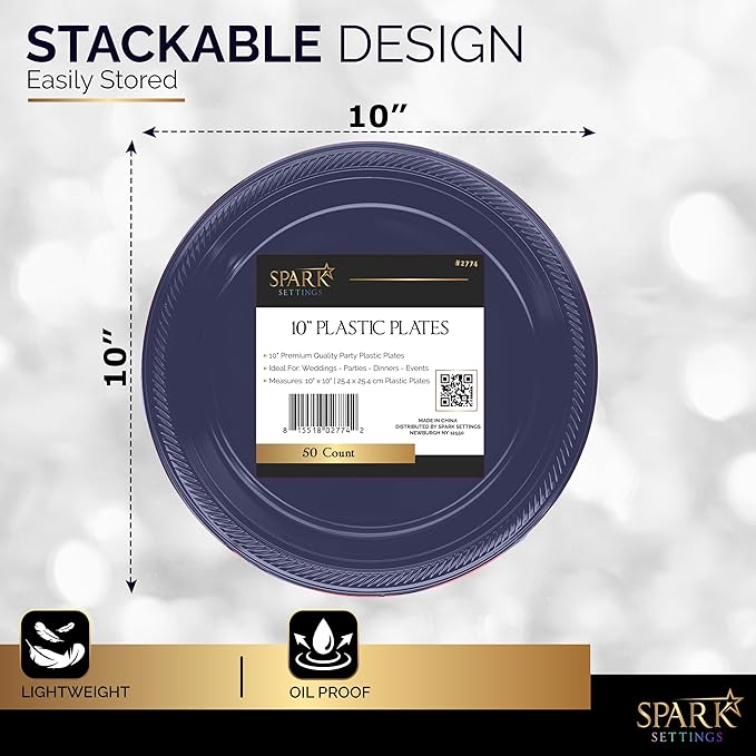 Amcrate Navy Disposable Dinner Plates, 10.4 Inches, Strong & Sturdy for Party, Picnic, Travel - Pack of 50