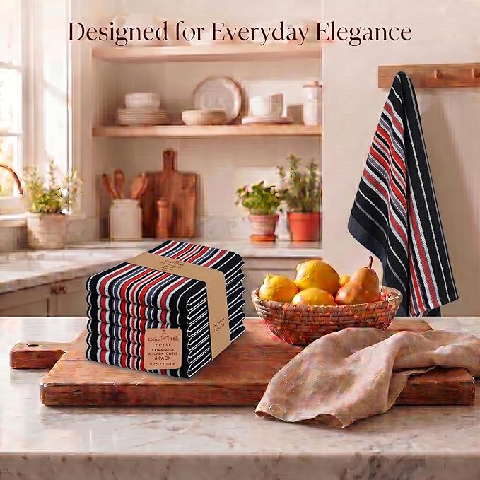 Urban Villa Kitchen Towels Waffle Stripes Dish Towels for Kitchen Black Color Set of 6 Kitchen Towels Highly Absorbent Cotton Over Sized 20X30 in with Mitered Corners Kitchen Hand Tea Towels