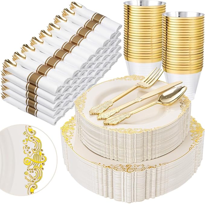 Nervure 350PCS Ivory Plastic Plates - Ivory Gold Plastic Dinnerware Sets for 50 Guests - 100 Gold Disposable Plates, 50 Pre Rolled Silverware Sets, 50 Cups Perfect for Wedding & Party