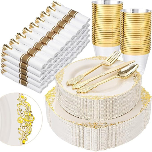 Nervure 350PCS Ivory Plastic Plates - Ivory Gold Plastic Dinnerware Sets for 50 Guests - 100 Gold Disposable Plates, 50 Pre Rolled Silverware Sets, 50 Cups Perfect for Wedding & Party