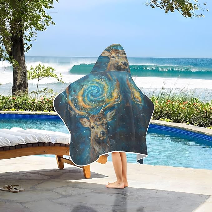 Hooded Towel for Kids Galaxy Deer Oil Painting Beach Wrap Bath Towels 50x23.5in