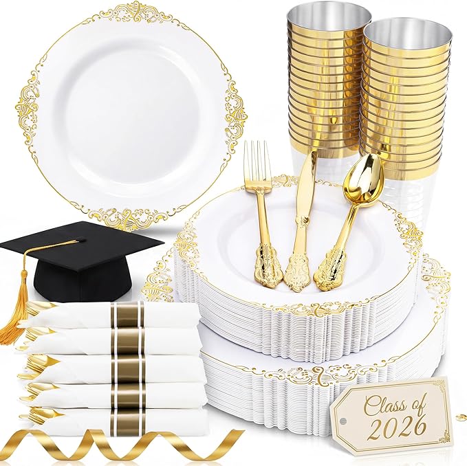 Nervure 350PCS Gold Plastic Plates - Gold Plastic Dinnerware Sets for 50 Guests - 100 Disposable Plates, 150 Silverware, 50 Cups, 50 Napkins for Wedding & Party