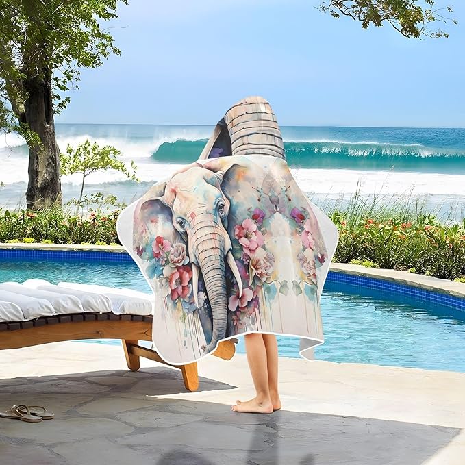 Hooded Towel for Kids Colorful Elephant with Flowers Beach Wrap Bath Towels 50x23.5in