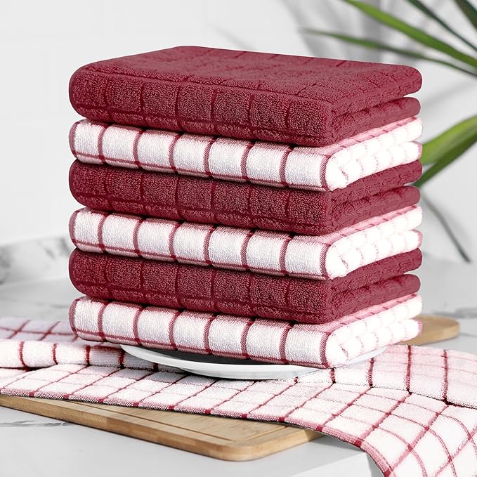 Homaxy Premium Cotton Kitchen Towels 16"x 28", Large Natural Ring Spun 390 GSM Dish Towels, Super Absorbent Terry Kitchen Hand Towels, Soft Tea Towels with Hanging Loop, Red Check Design, 4 Pack