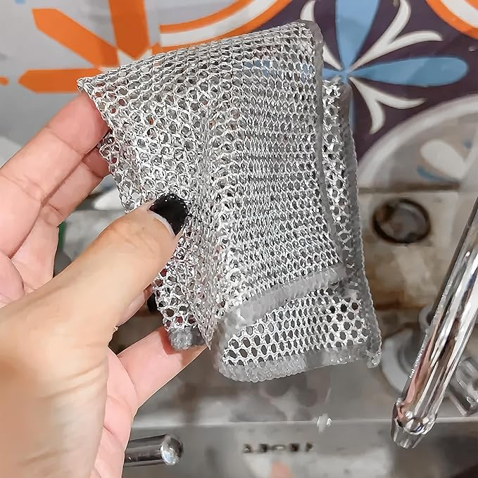 10PCS Steel Wool Dish Cloth 2-Layer – Reusable Metal Non-Scratch Multipurpose Dishwashing Rags for Wet & Dry Cleaning, Durable Diamond Weave Scrubber Pads for Kitchen Sinks Pots Pans Stove Top