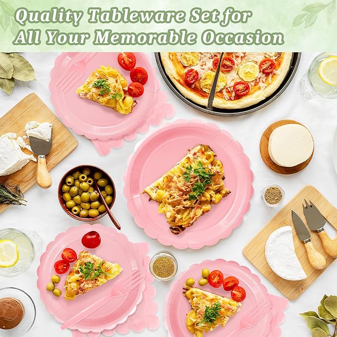 Mulbozy 75 Pink Plates and Napkins Disposable Set Includes 25 Dessert Cake Scalloped Plates, Cocktail Napkins & Forks, for Fork 25 Guests Holiday Party Supplies.