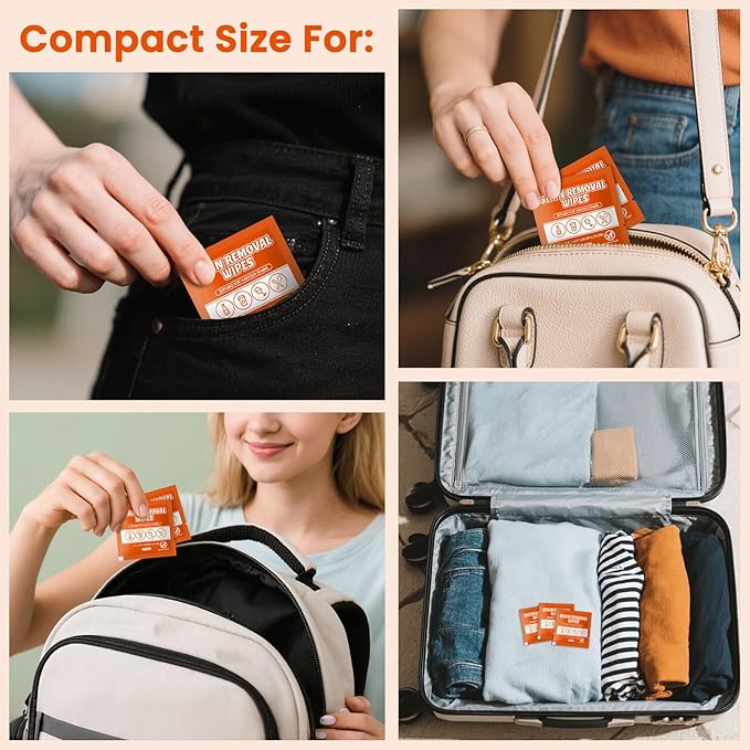 Stain Remover Wet Wipes Bulk, Individual Wrapped Clothes Portable Travel Messy Eater Cleaning Laundry Stain Removal Wipes Pocket Size for Clothing Fabric/Shoes/Wine/Fast Food 7.1 x 4.7 Inch(Orange 50)