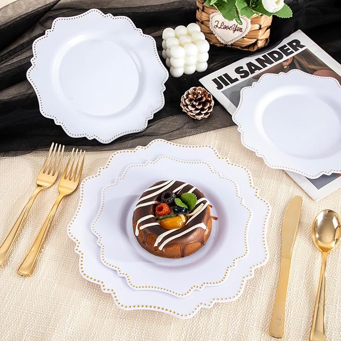 COLOSUS 60pcs White and Gold Disposable Plastic Plates Set, Gold White Party Plates, 30pcs Dinner Plates and 30pcs Salad/Dessert Plates for Wedding, Party, Anniversary, Daily Use